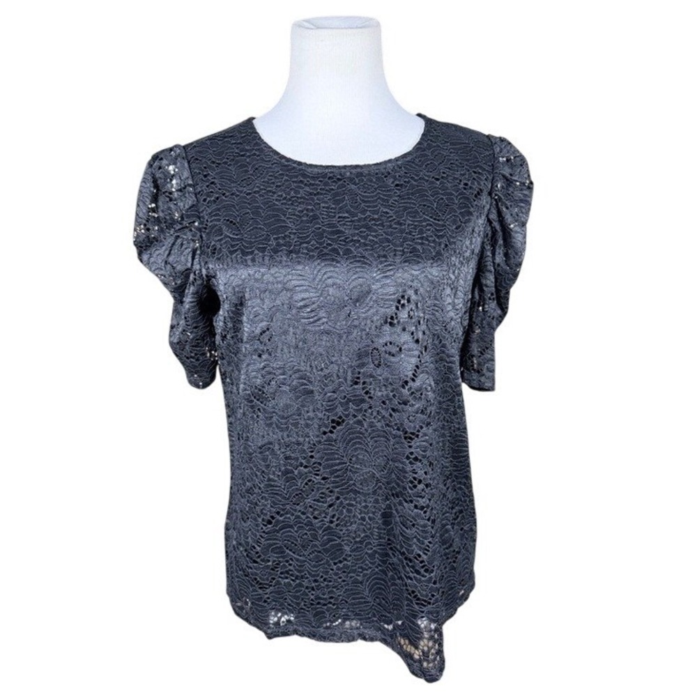 Adrianna‎ Papell Womens Black Stretch Floral Lace Pleat Sleeve Top AD1S301046 M